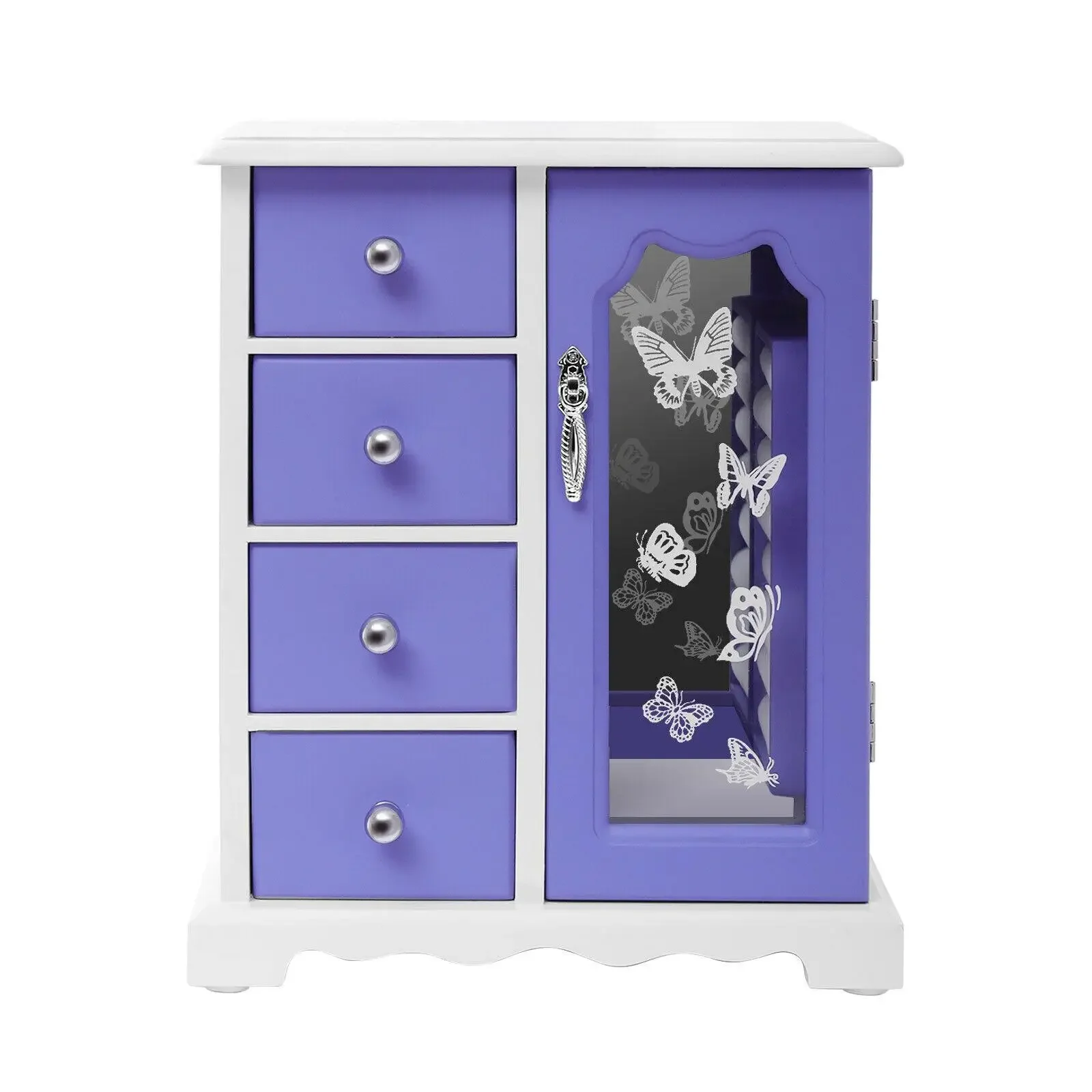 Purple Jewelry Box  with 4 Drawers Jewelry Cabinet Built-in Hanging Necklace Carousel and Mirror Home Organization and Storage