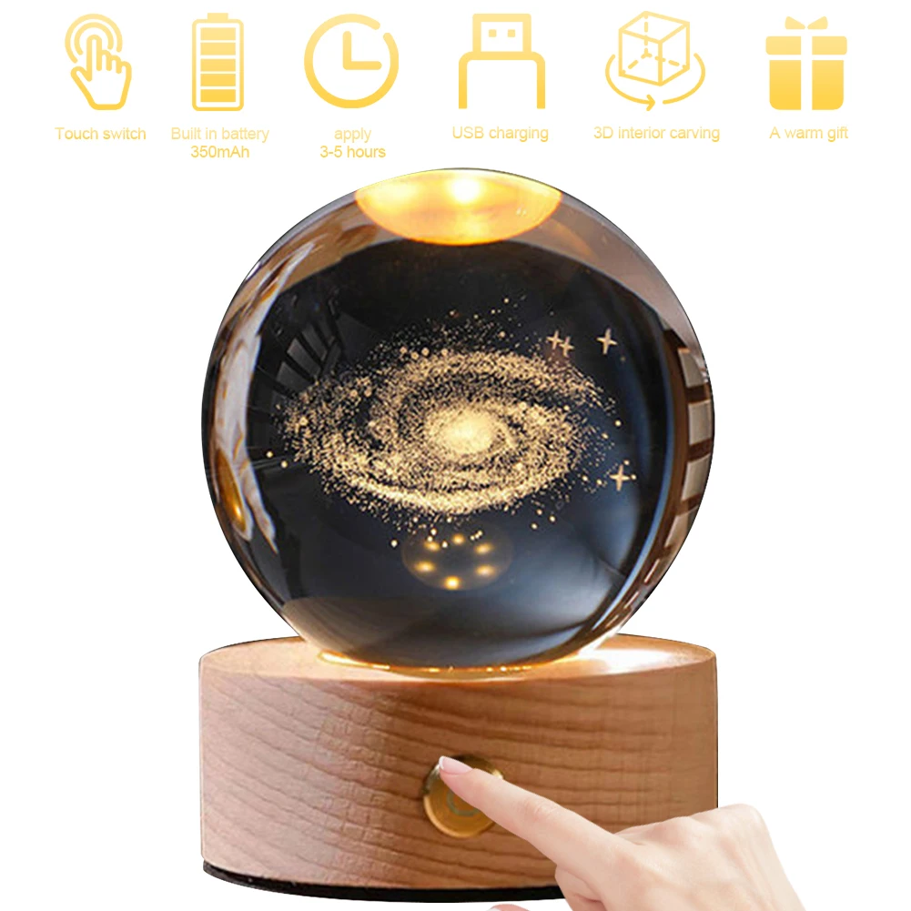 3D Astronomy Space Night Lamp with Wooden Base Engraved Crystal Ball Light USB Rechargeable 350mAh Birthday Gifts for Boys Girls