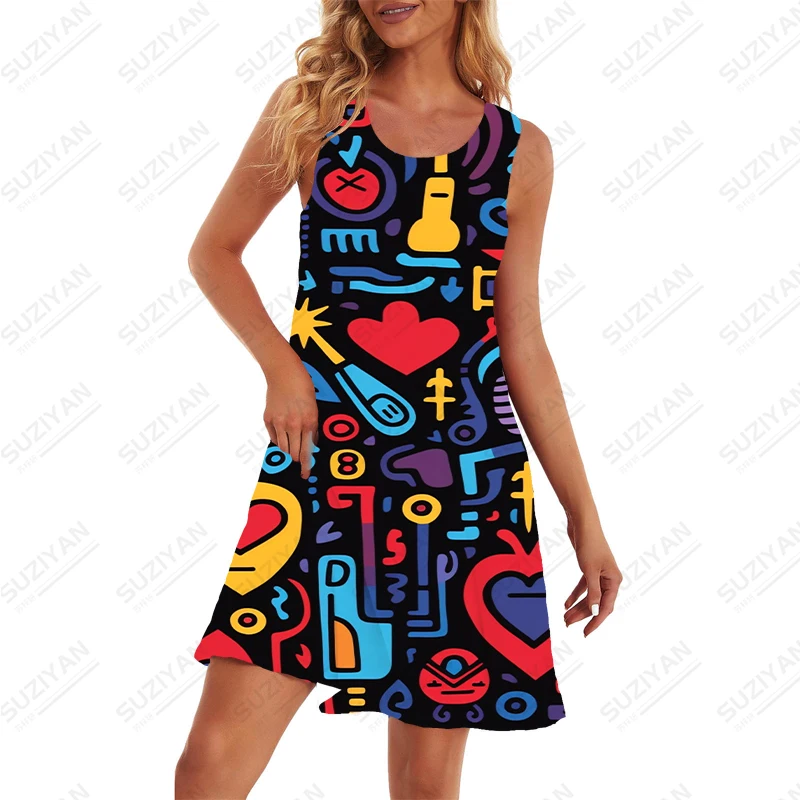 Vestido feminino sem mangas estampado em 3D, casual com gola redonda, macio e confortável, personalidade elegante, verão