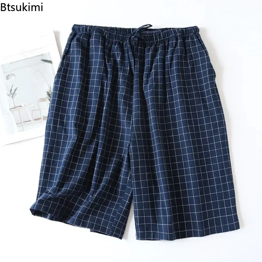 Neue 2024 männer Nachtwäsche Pyjama Shorts Plaid Design 100 % Baumwolle Casual Lose Doppel-schicht Homewear Schlaf Bottoms männlichen Hause Hosen