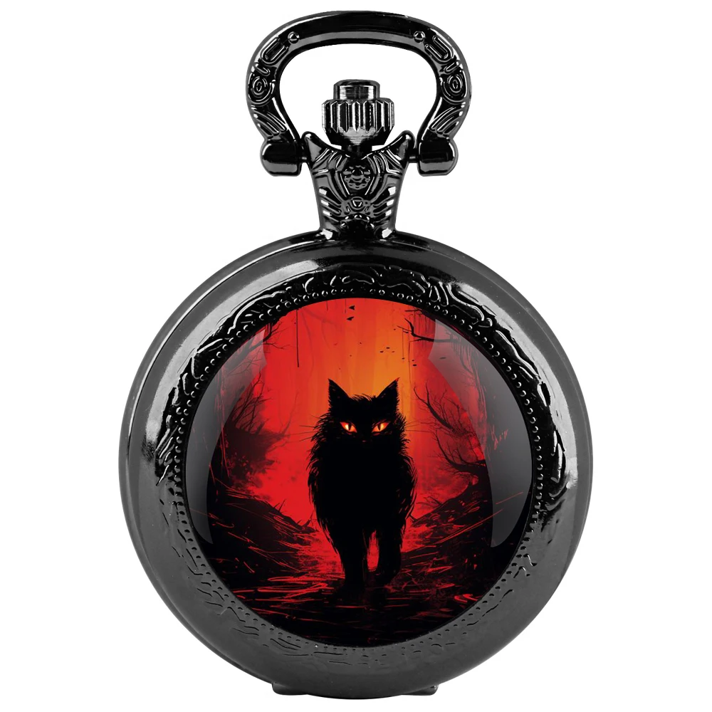 Orologio da tasca al quarzo nero con cupola in vetro Dark Cat con quadrante con numeri arabi e catena resistente, regalo retrò per uomini e donne