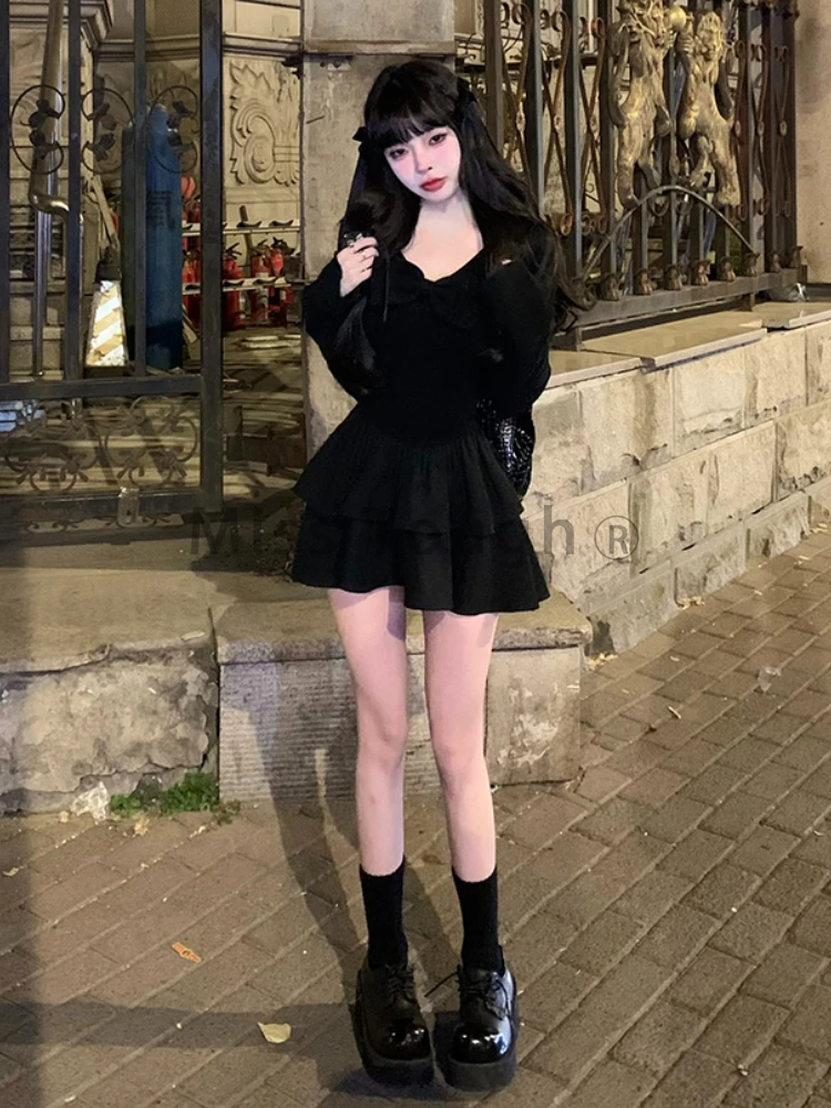 Winter Sexy Elegant Desinger Black Dress Women Long Sleeve Y2K Party Mini Dress Female Casual Style One Piece Dress Korean 2023