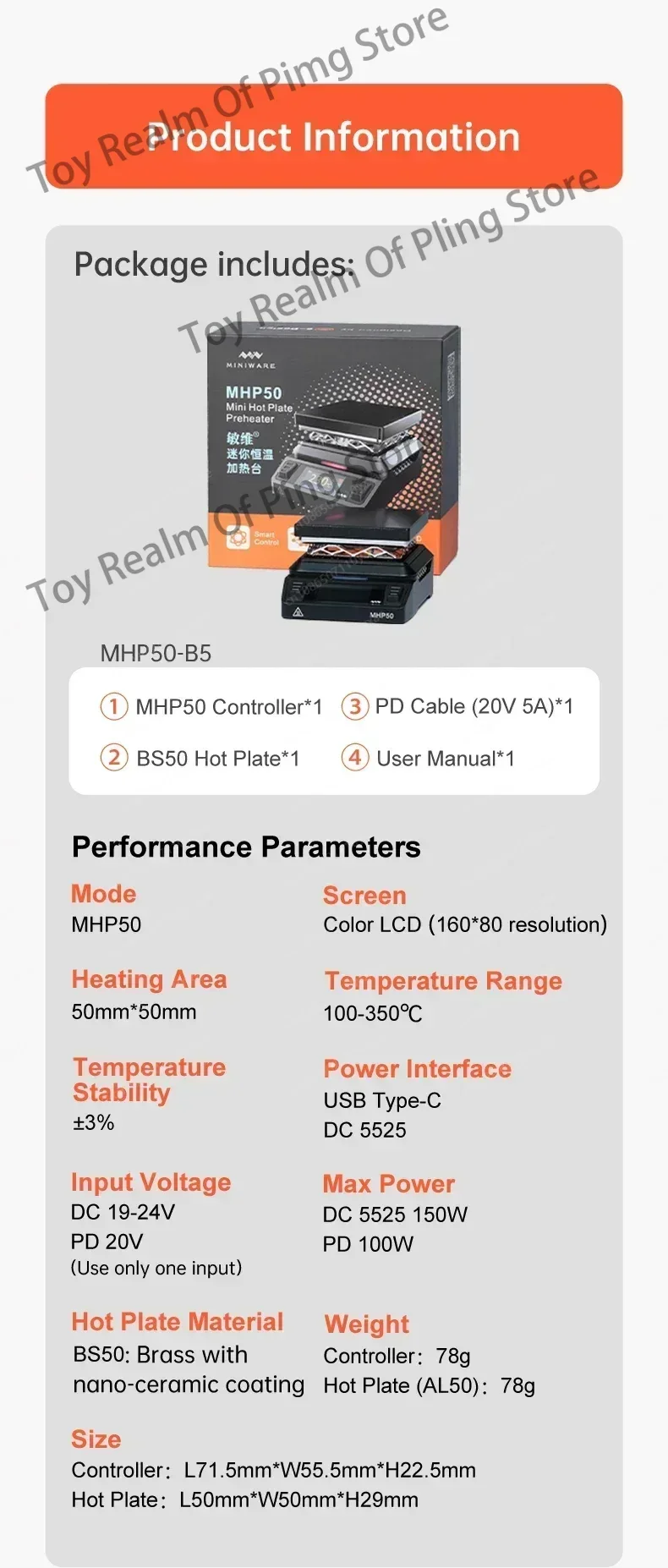 Mini Hot Plate Preheater, MHP50, Ferramenta de Aquecimento Inteligente, Retrabalho Estação de Calor, Placa PCB Solda, 350 ℃, 50x50mm, Novo, 2024