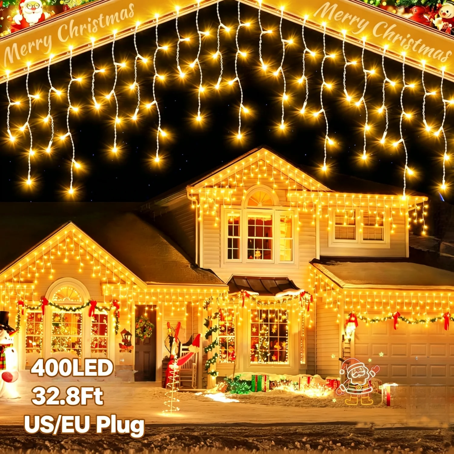 33FT 400LED Icicle String Lights Christmas Garland Fairy Light 8 Mode Home Garden Decoration for Christmas Holiday Wedding Party