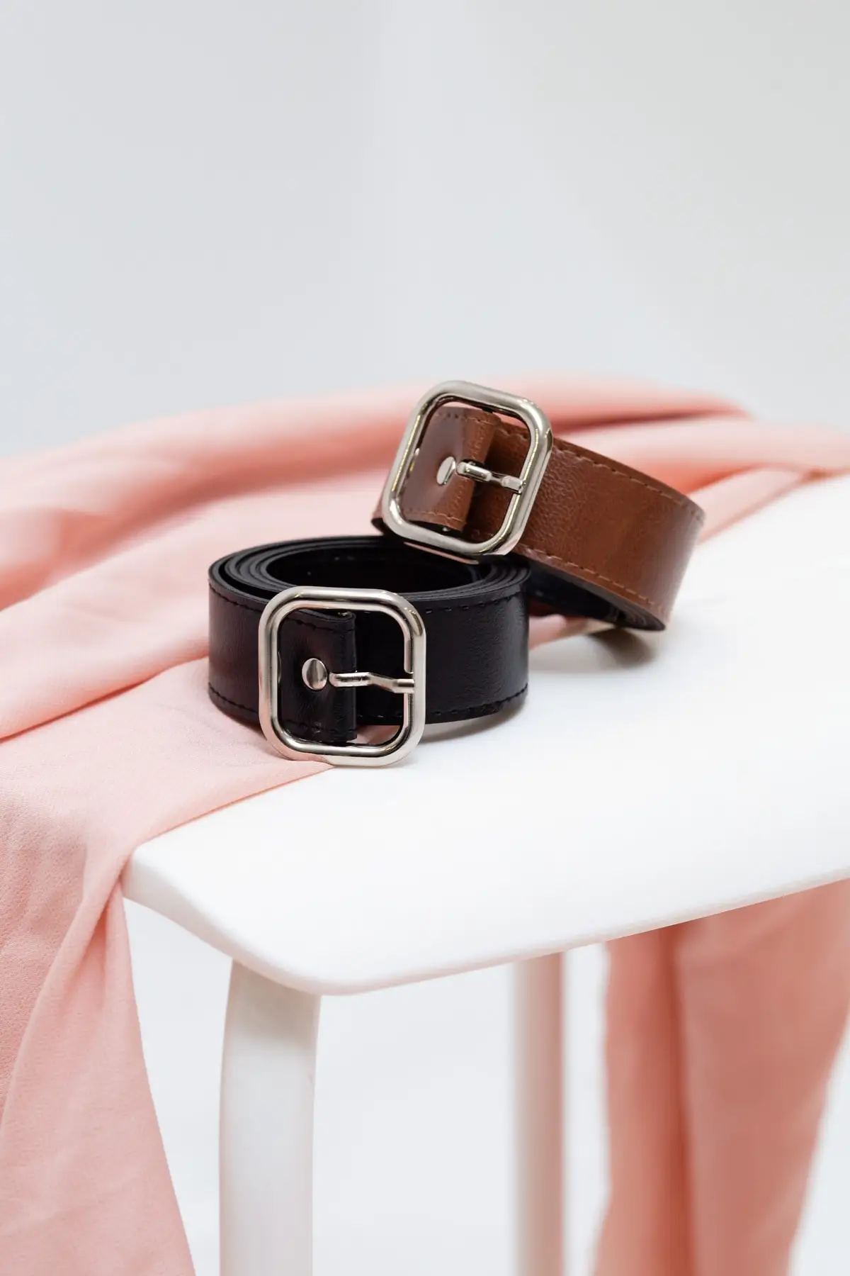 Women's Brown-black Square Buckle 3 Cm Thin Leather Belt-Twin Pack