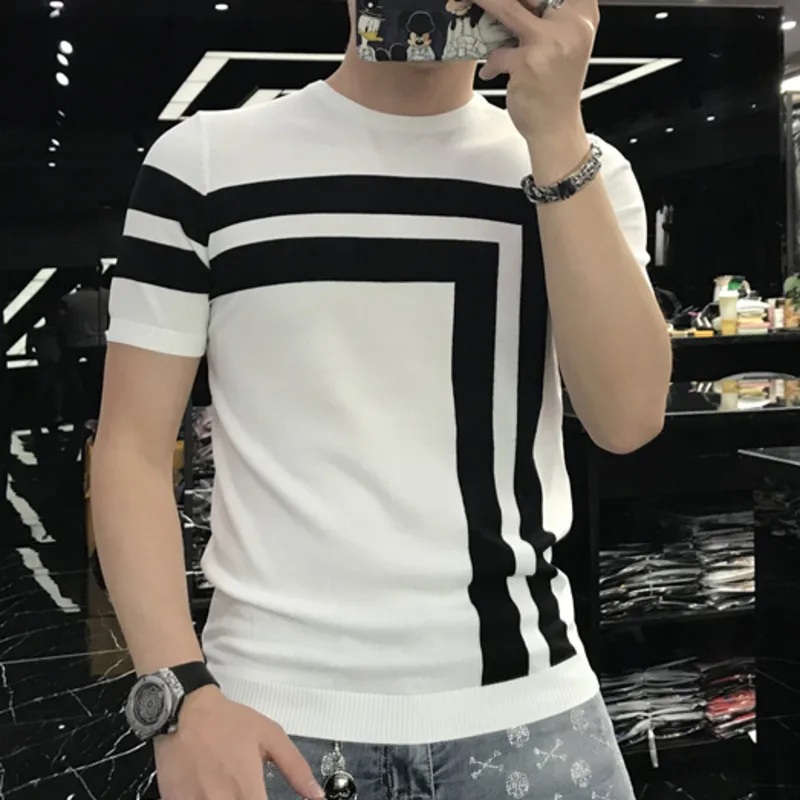 2022 Summer Patchwork Color Slim Fit Knitted T Shirt Men O-Neck Stretched Tee Shirt Homme Streetwear Fashion Men Casual T-Shirt