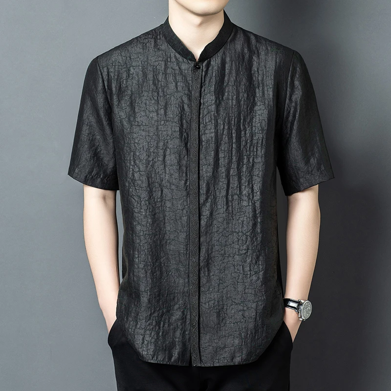 Covered Button Embroidery Shirts For Men Short Sleeve Lightweight Summer High-Quality Geniune Silk 100% Luxury Camisas De Hombre