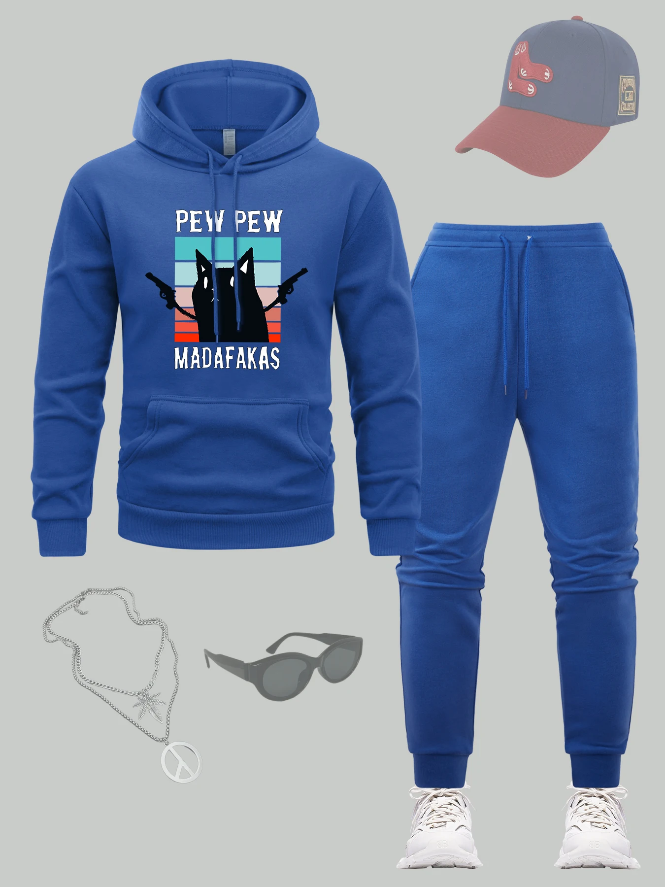 

Madafakas Double Gun Cat Prints Мужской костюм с капюшоном Флисовые спортивные штаны с карманами Спортивные универсальные брюки Свободная повседневная одежда Комплект из 2 предметов