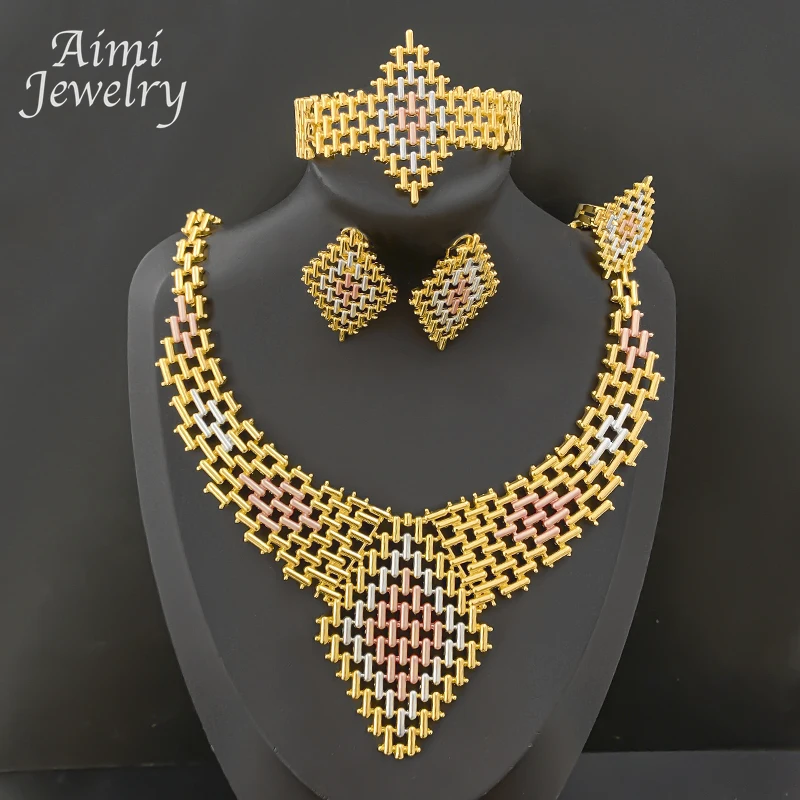 Alltagskleidung, exquisites 18 Karat vergoldetes 4-teiliges Schmuckset für Damen, Halskette, Ohrring, Armband, Ring, Braut, Hochzeit, Party, Geschenke
