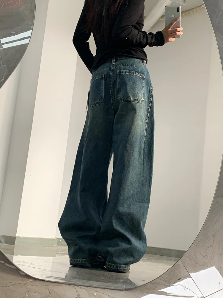 กางเกงยีนส์เอวสูงทรงขากว้างสำหรับผู้หญิง ฤดูใบไม้ผลิ 2025 รุ่นใหม่ ทรงหลวม สไตล์วินเทจ ดีไซน์ทรงขวาน ลำลอง ทรงขาตรง