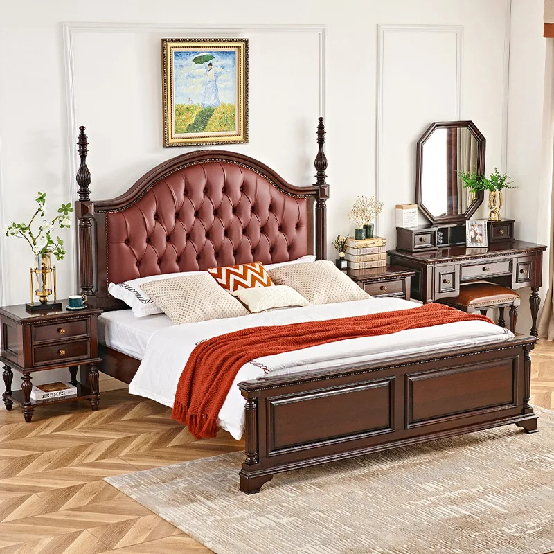 

Кровать из цельного дерева длиной 1,8 метра, с мягкой кожаной обивкой, двуспальная кровать для главной спальни, брачная кровать.