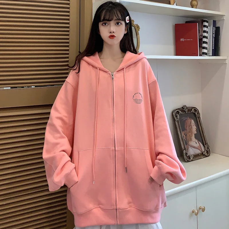 Oversized Hoodie Loose Zip-up Jacket 2022 Sweet Korean Autumn Candy Color Loose Hoodies Womens Clothing Y2k Streetwear