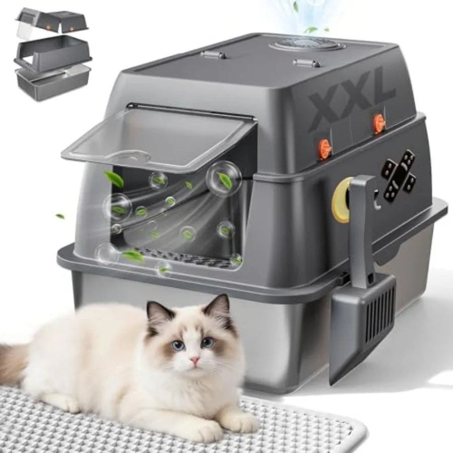 

XXL Лоток для кошачьего туалета из нержавеющей стали с крышкой, высокими бортиками, закрытый, с активированным углем для контроля запаха, очень большой