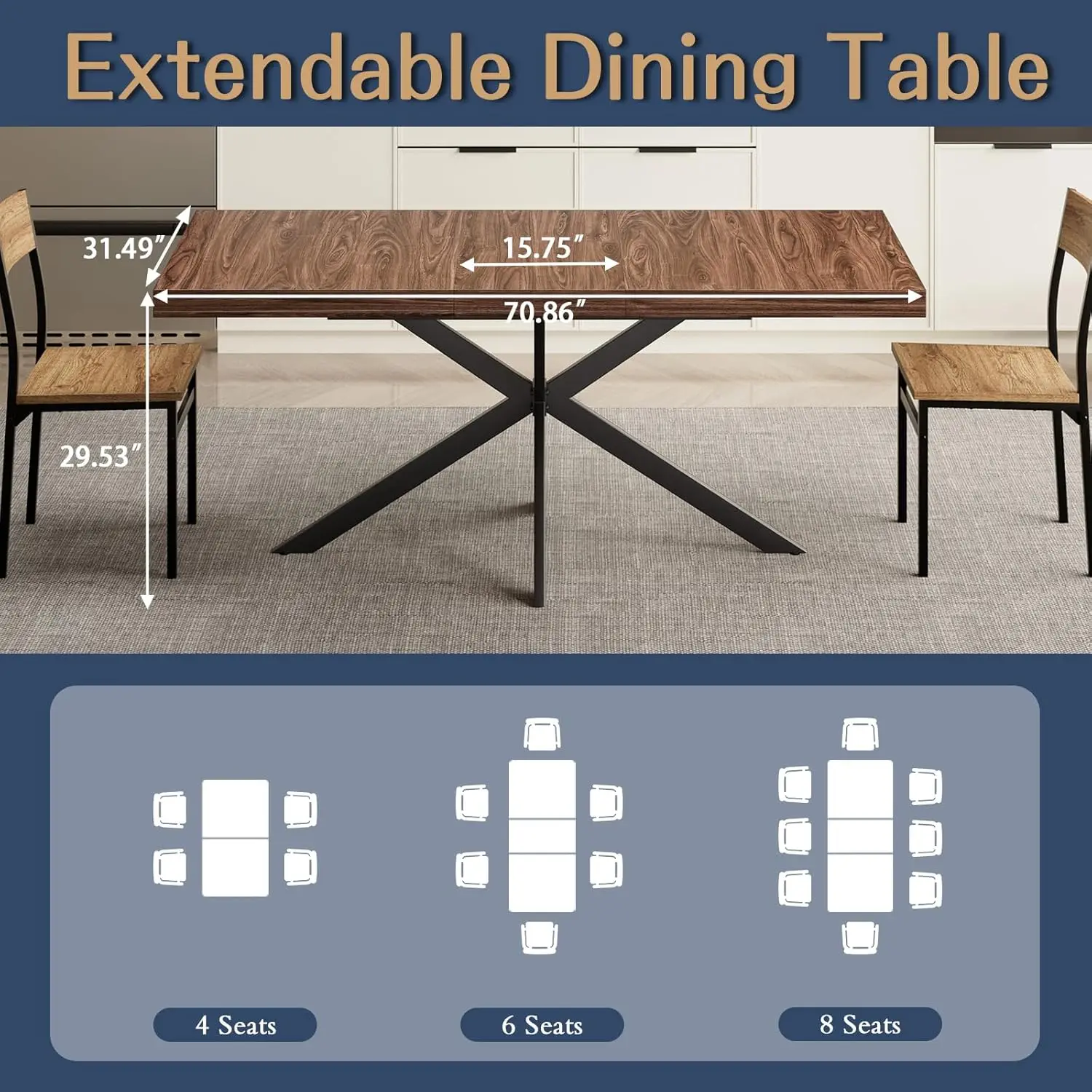 55''-70.9'' Extendable Dining Room Table for 4 5 6 7 8 People, Wooden Rectangle Expandable Dining Table with Hidden Storage, Far