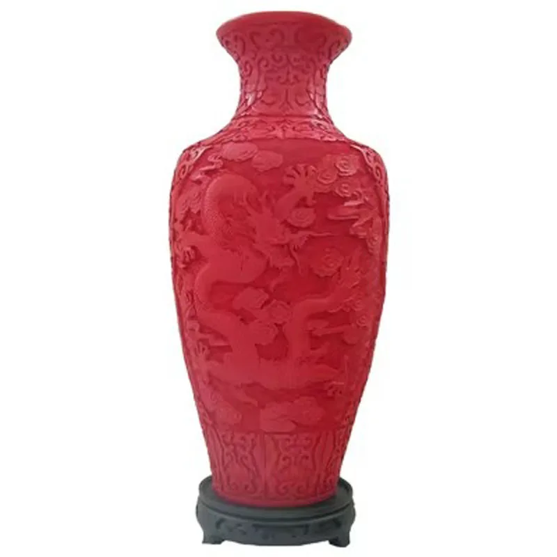 15 inch / Exquisite Chinese Classical Traditional Technology Red Lacquerware Dragon Designs Auspicious Vase No.3