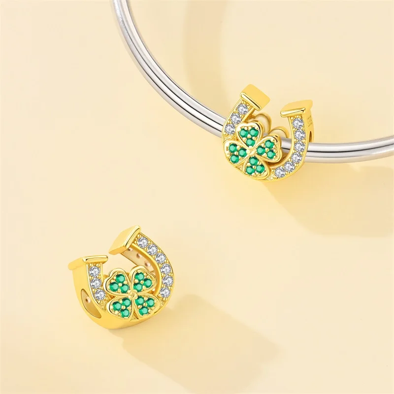 

Hot Sales 925 Sterling Silver Golden U-Shaped Clover Charm Beads Fit Original Bracelet DIY Women Birthday Jewelry Gifts