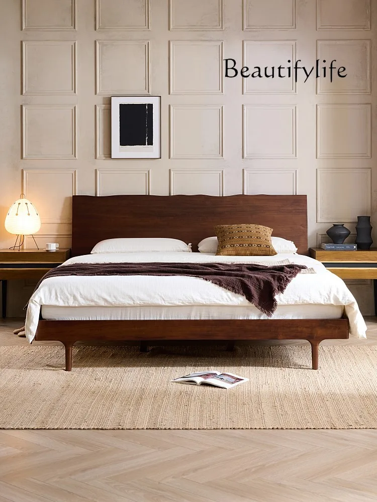 

Nordic Modern Natural Edge Solid Wood Bed Mid-Ancient Style Black Walnut Color Silent Style Backrest Double Bed