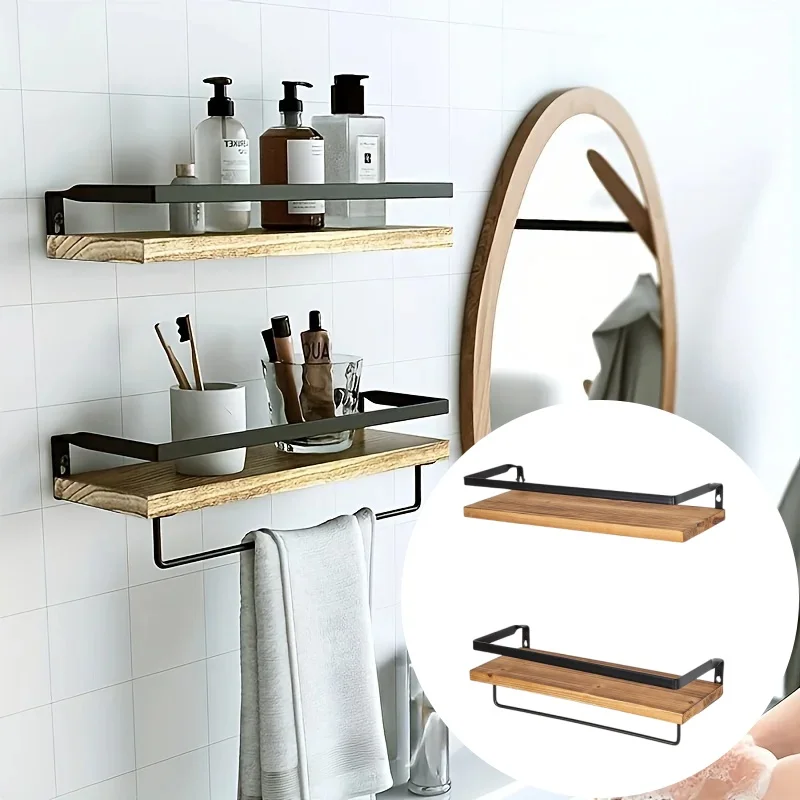 

2-pack Wall Suspended Storage Rack Wall Mounted Storage Rack Iron Groceries Storage Pine Wood Layer with Towel Hook Type