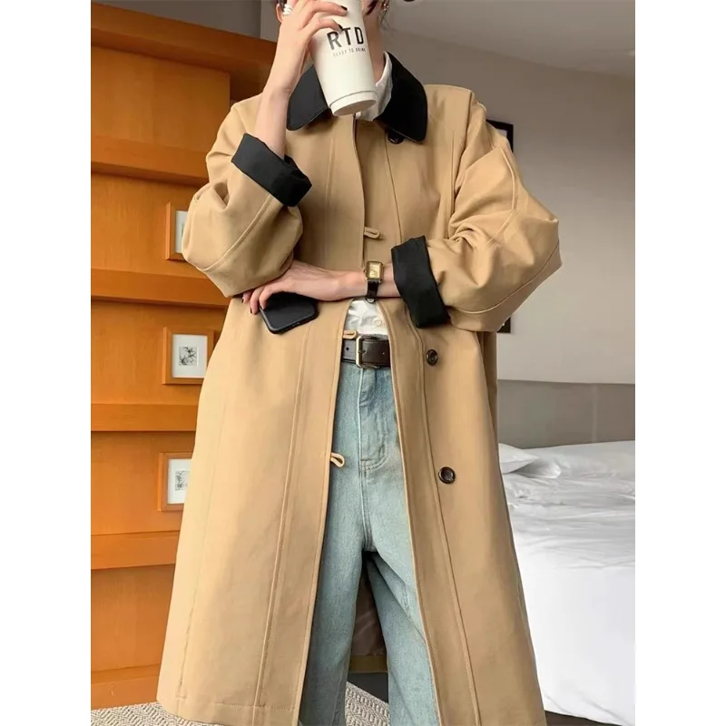 

SuperAen Korean Style 2025 Autumn New Retro Color-blocking lapel Collar Loose Long Trench Coat Women Oversize Coats