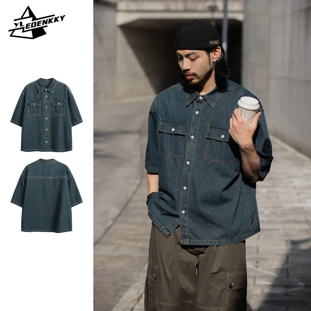 

American Vintage Denim Shirt Men Women Washed Distressed Lapels Short-sleeved Tops Summer Cleanfit Pocket Trims Casual Shirt New