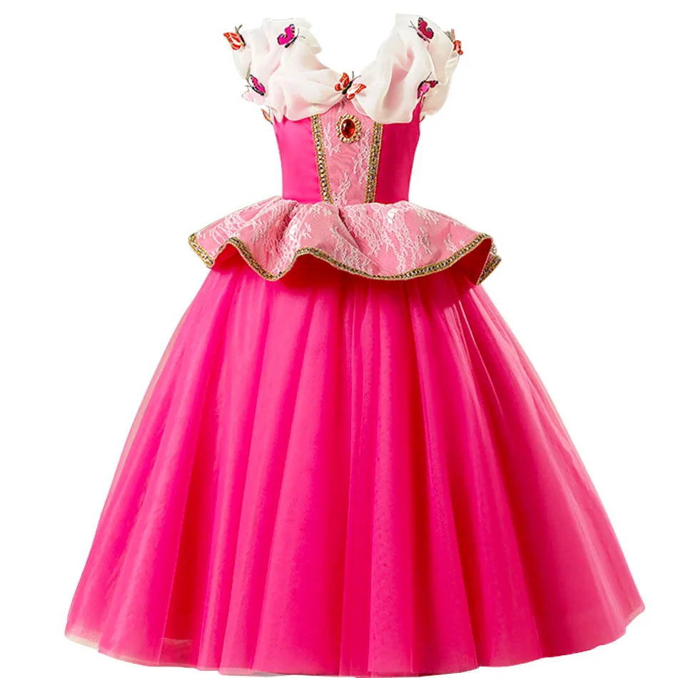 Girl Fancy Deluxe Sleeping Beauty Halloween Princess Costume Party Aurora Dress Up Kids Red Layered Christmas Pageant Ball Gown