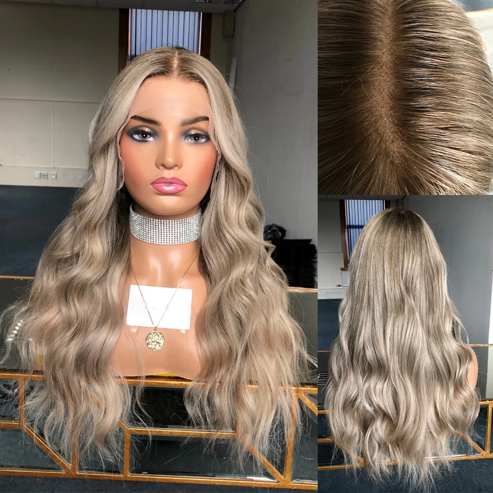 Ash Blonde Sorot Wig Renda Penuh Akar Abu 100% Rambut Manusia Virgin 13X6 Wig Renda Depan Sedikit Bergelombang Hd Renda Transparan 200%