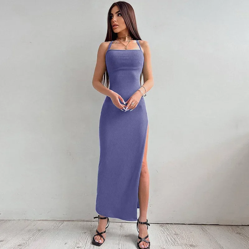 

Korean Fashion Sexy Black Long Bodycon Dress Women Summer Sleeveless Backless Halter Neck Spaghetti Strap Maxi Dresses Y2k