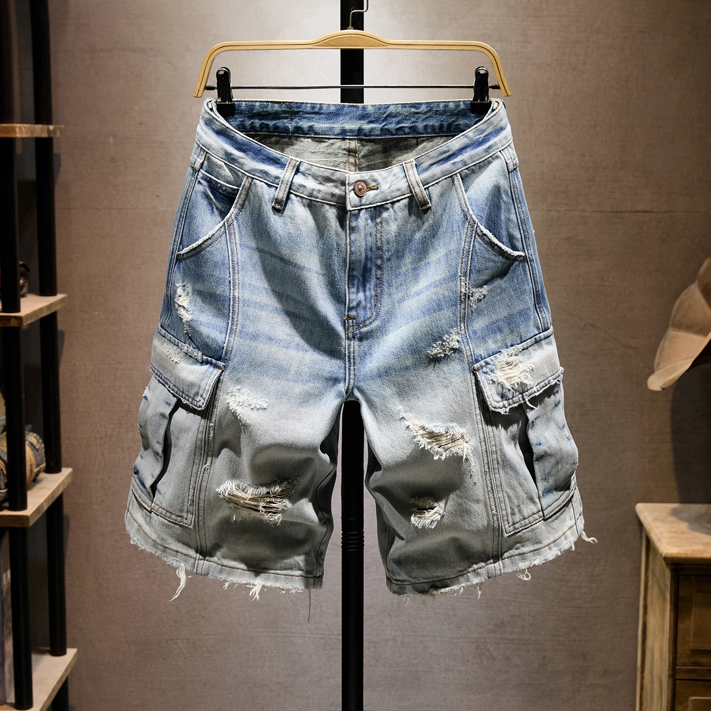 Summer Brand Men's Workwear Denim Shorts Multi-pocket Ripped Scratch Pattern Amekaji High Quality Straight Loose Jeans Jorts