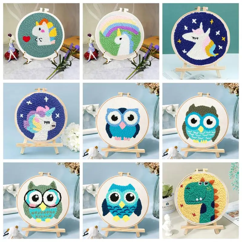 

GATYZTORY Hand Painted DIY Punch Needle Painting Kit, Dinosaur Owl Animal Frame Punch Set for Beginners, Easy DIY Ornaments