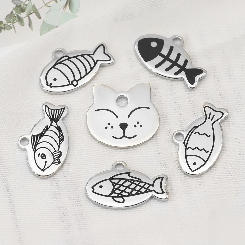 Personalized Cat Id Tag Custom Cats Kitten ID Tags Engraved Cat Collar Pendant Necklace Pet Accessories Cat Face Fish Shape