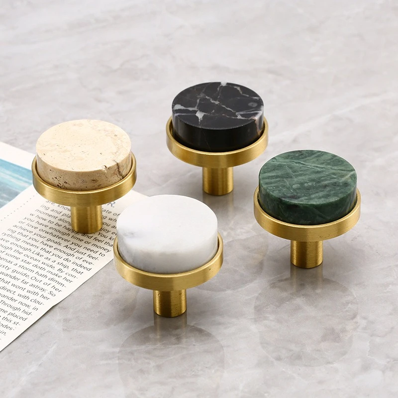 1Pcs Round Furniture Wine Kitchen Cabinet Bookcase Drawer European Door Handle Marble Brass Handle Cave Stone Single Hole Handle
