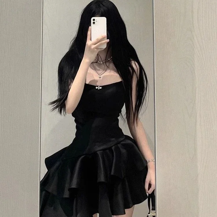 

Fashion Sexy Irregular Strapless Dress for Women 2025 Summer New Black Vestidos Mujer Y2k E-Girl Slim Waist Ruched Dresses