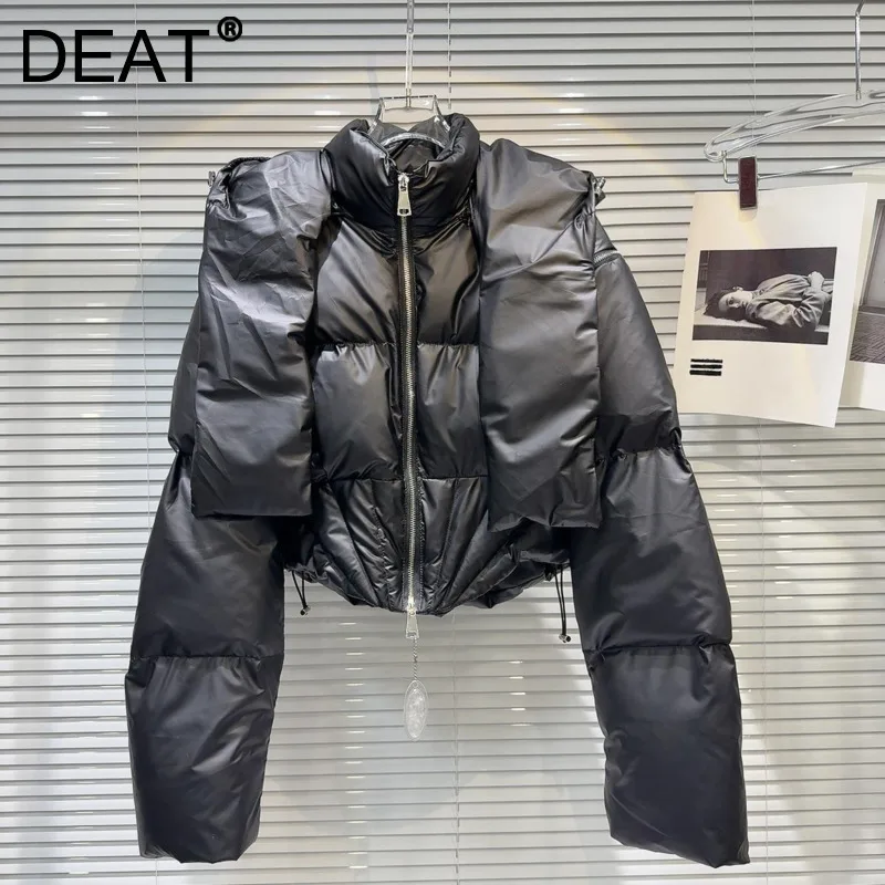 DEAT 2024 Winter New Fashion Solid Color Shawl Collar Zipper Shoulder Hooded Women's Cotton-padded Coat Female Trendy 11A01633