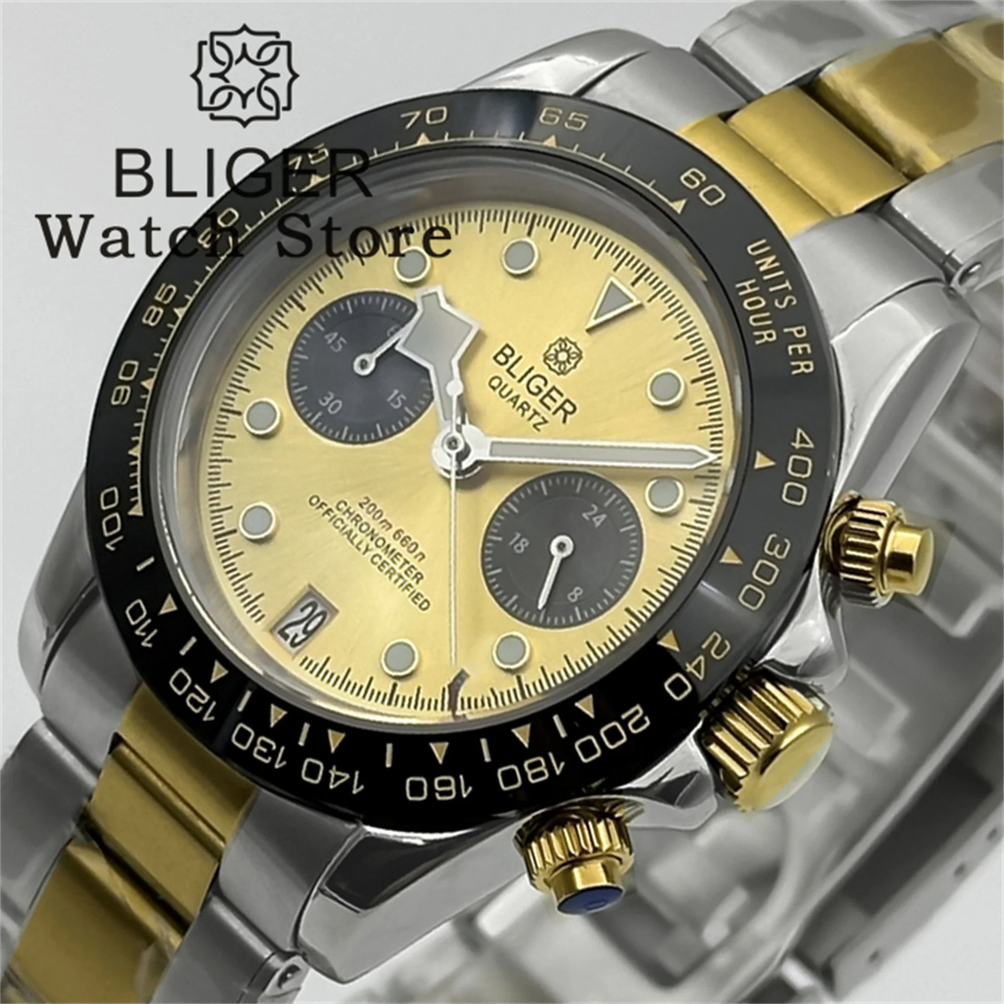 BLIGER 39MM Two tone Gold VK64 Quartz Chronograph Watch Black Gold Bezel Sapphire Glass Stainless strap Waterproof Men Watch