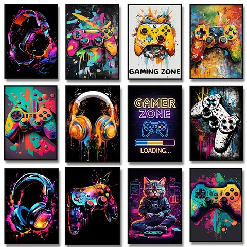 Graffiti Colorful Cat with Game Controller Headphones Canvas Painting Gaming Poster Print for Gamer Bedroom Wall Art Home Decor