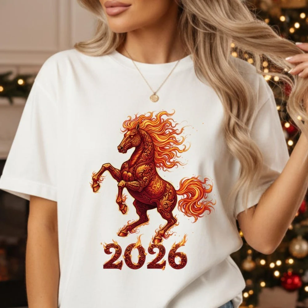 Year of The Horse 2026 Shirt Fiery Horse New Year Christmas Woman Man Graphic T Shirts Chinese Zodiac Horse Cotton Short-sleev