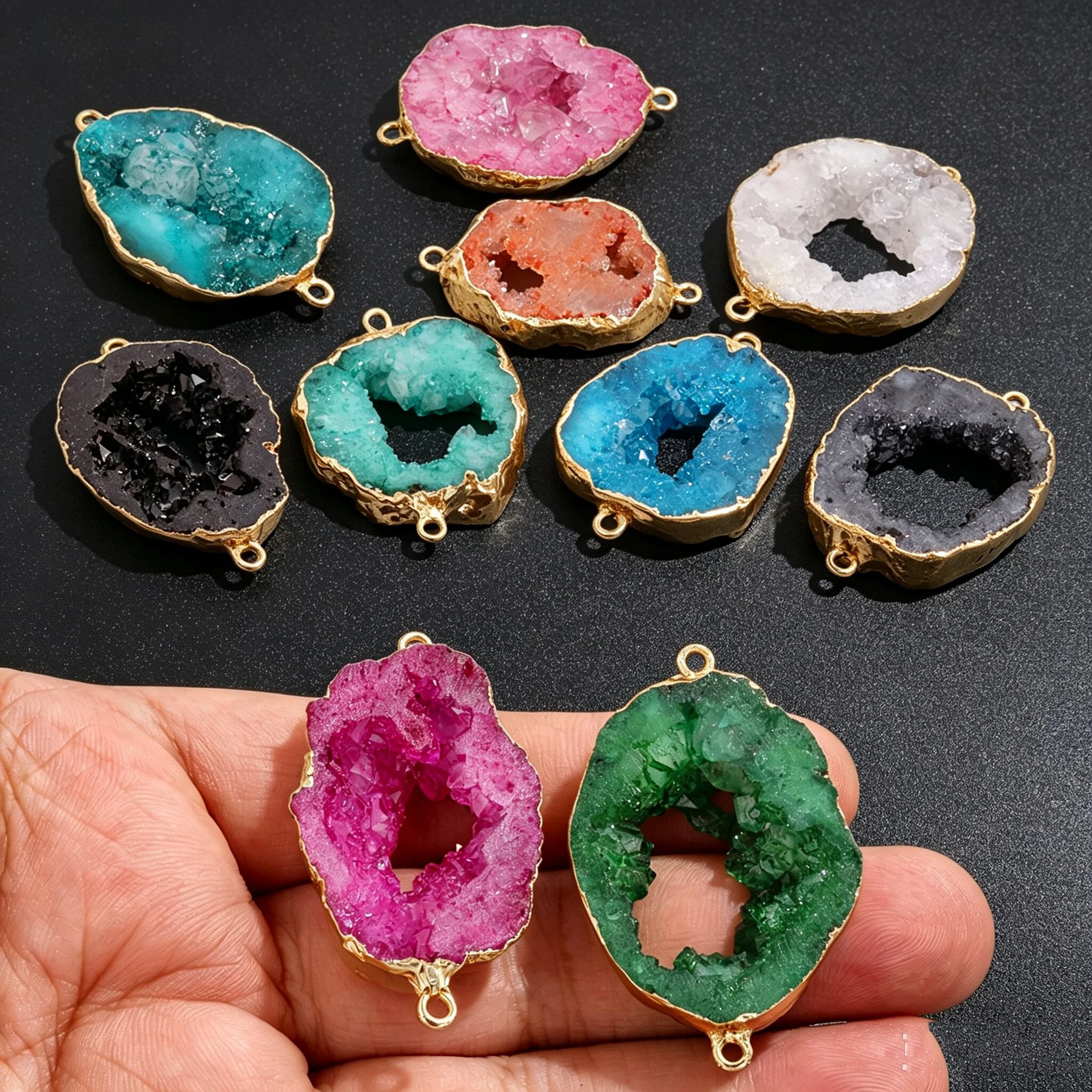 1PC Irregular Natural Druzy Agate Pendant 20-35MM Double Hole Geode Quartz Charm Connector for Jewelry Making DIY Necklace
