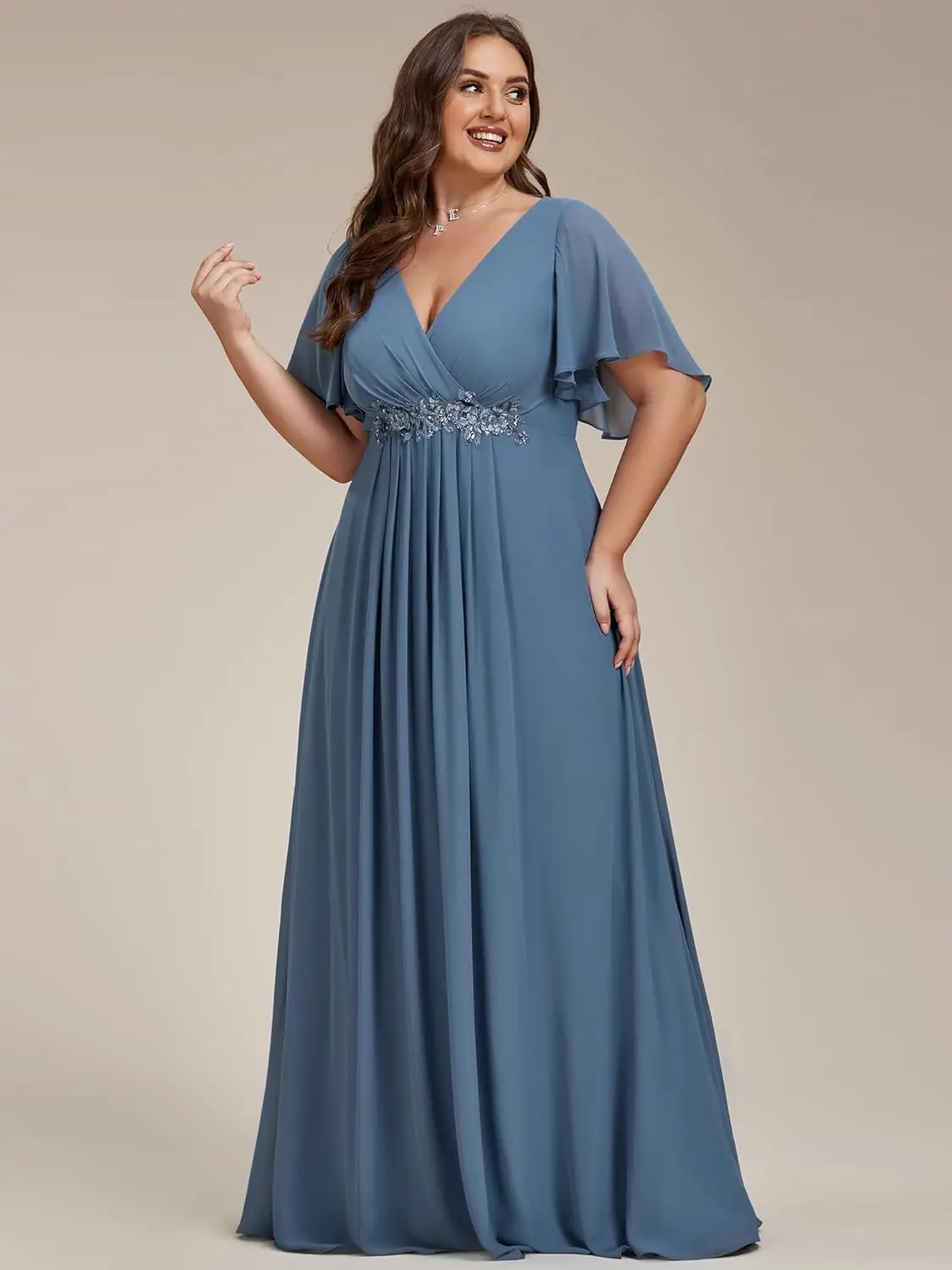 Women\'s Chiffon V Neck Short Sleeves Appliques Plus Size Dresses for Curvy Women Formal Dresses bridesmaid formal summer party