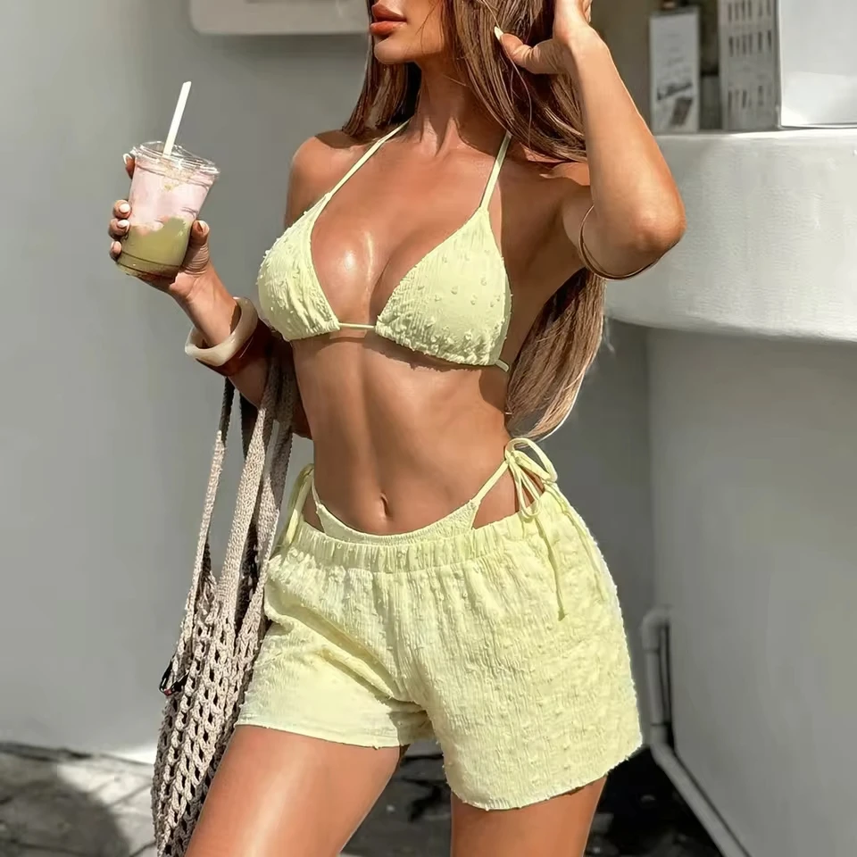 

Tummy Control Bikini Sets For Women Sexy Halter Backless Strappy Push Up Two Piece Swimsuits Shorts Summer Swimming Outfits