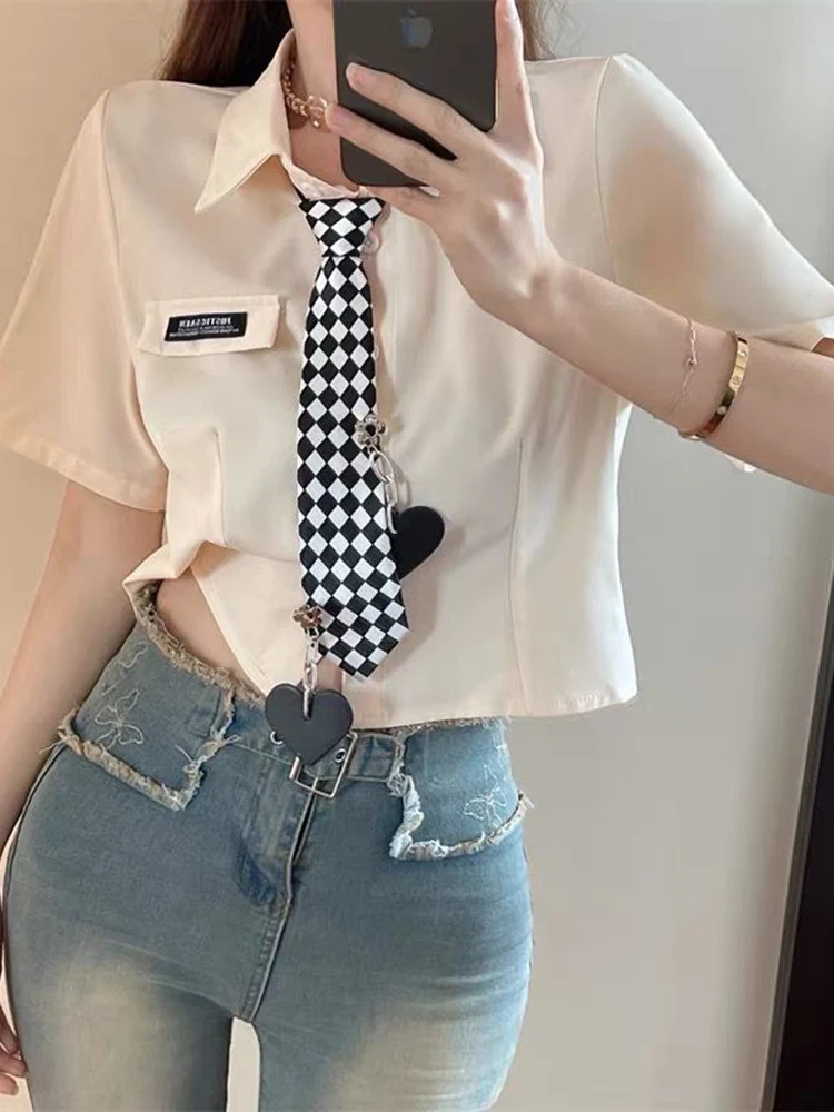 

Zoki Preppy Style Chic Tie Jk Shirt Women Sexy Cropped Sweet Blouse Japan Casual Fashion Short Sleeve Lady Cute All Match Tops