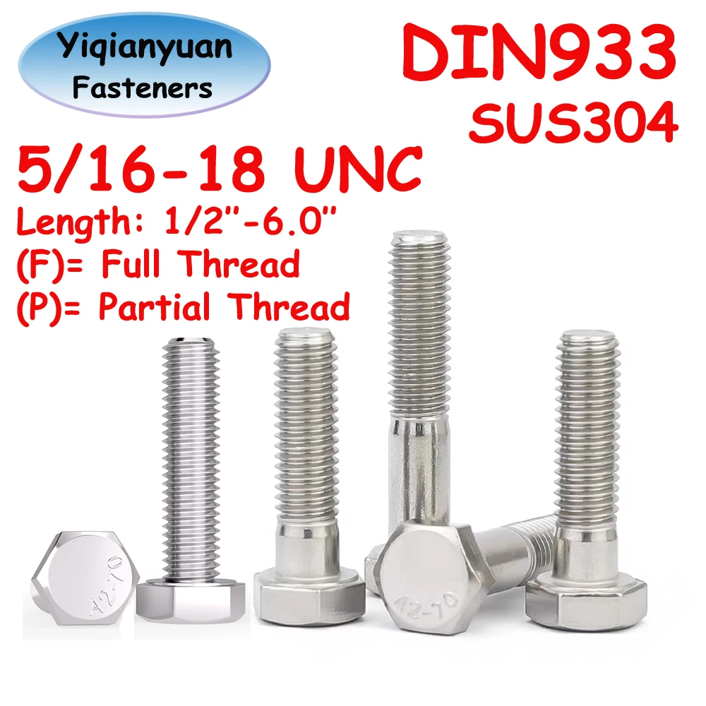 Yiqianyuan UNC 5/16-18 DIN933 Hexagon Head Screws Stainless Steel SUS304 External Bolts Full/Partial Threaded Hex Head Screws