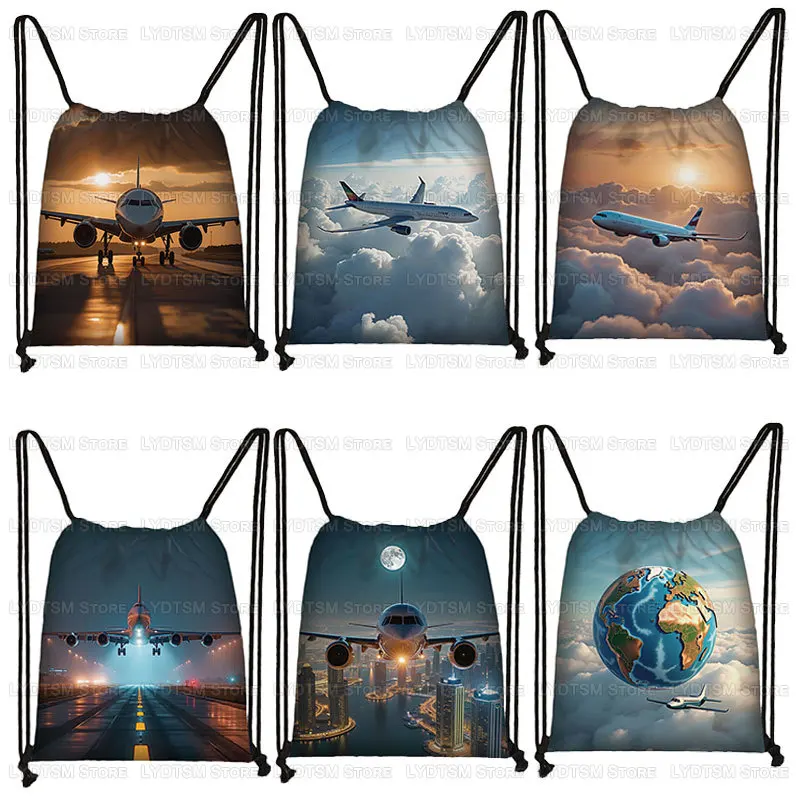 Plane Airline Flight Graphic Drawstring Bag Airplane Tourist Women Men Storage Bags for Travel Teenager Student Backpacks Gift