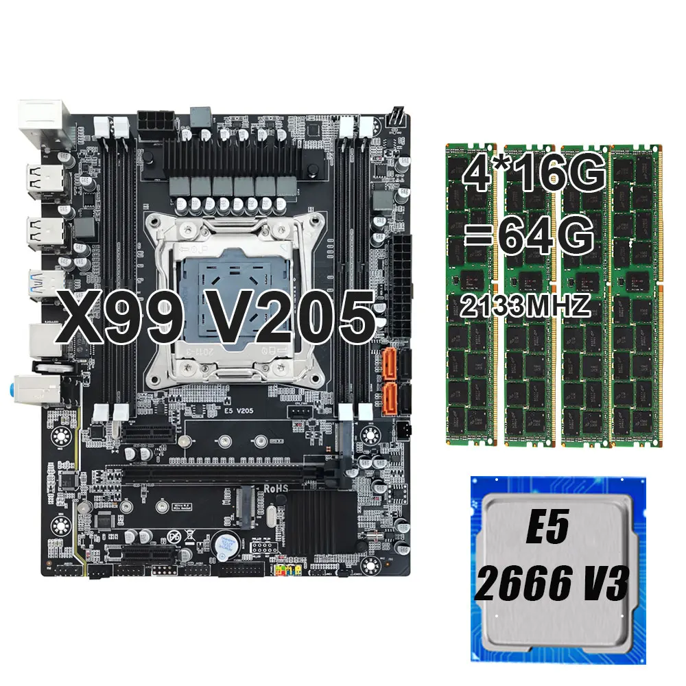 

Комплект материнской платы KEYIYOU 2011-3 X99 V205, комплект, XEON E5 2666 V3, 4*16 ГБ = 64 ГБ, 2133 МГц, DDR4 ECC REG, ОЗУ, NVME, USB3.0, M.2