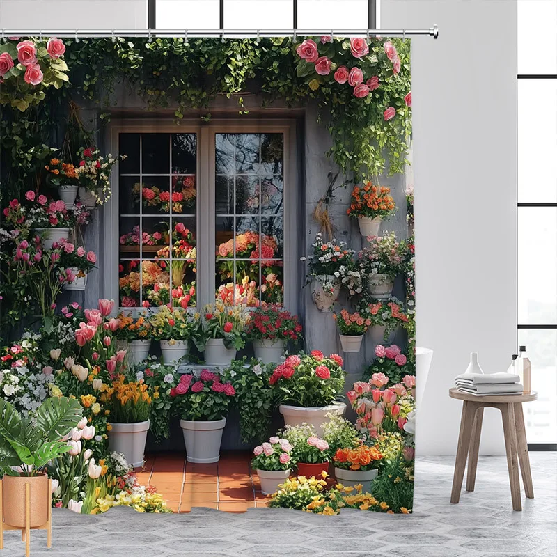 Vibrant tulips roses and garden scene with rustic ivy covered ambiance includes 12 hooks machine washable easy to care for