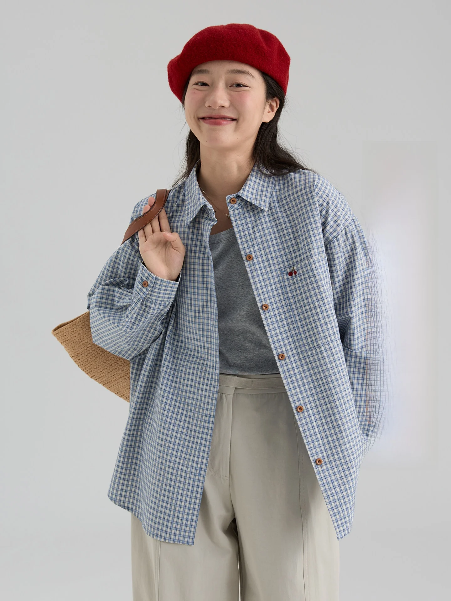 

Женская рубашка свободного кроя с длинным рукавом, весна 2026, из чистого хлопка, с вышивкой вишни, в клетку, в корейском стиле, повседневная модная рубашка