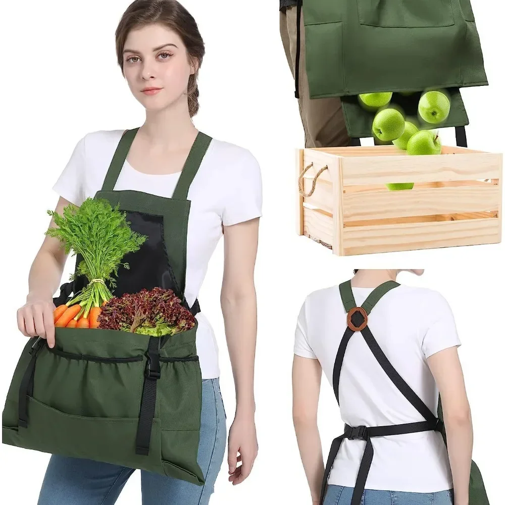 Garden Harvest Apron with Large Pockets, Adjustable Cross Back Gardening Apron, Fruit Vegetable Picking Apron for Farm Work