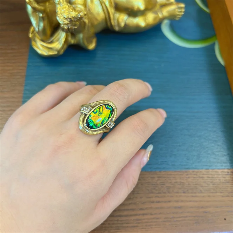 Vintage Abalone Shell Opal Rings Oval Jewelry Antique Gold Color For Women Wedding Colorful Rhinestones Retro Accessories 2025