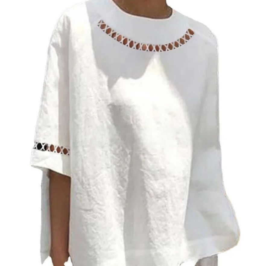 

Women's Cotton Linen Lace Patchwork irt Regular Sve Length Five Buttons Pure Color Polyester Fabric Non-Sinkable