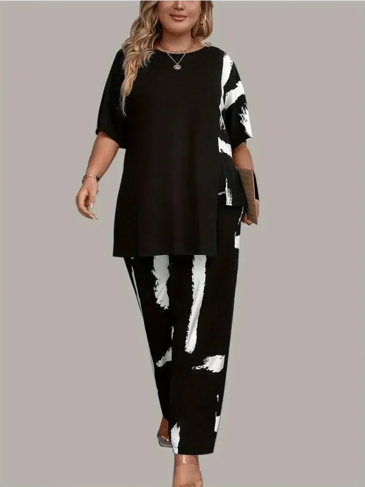 

Женский комплект больших размеров XL-5XL с кистью и принтом, элегантный топ с короткими рукавами и круглым вырезом, разделенный топ и брюки в тон, комплект одежды из 2 предметов