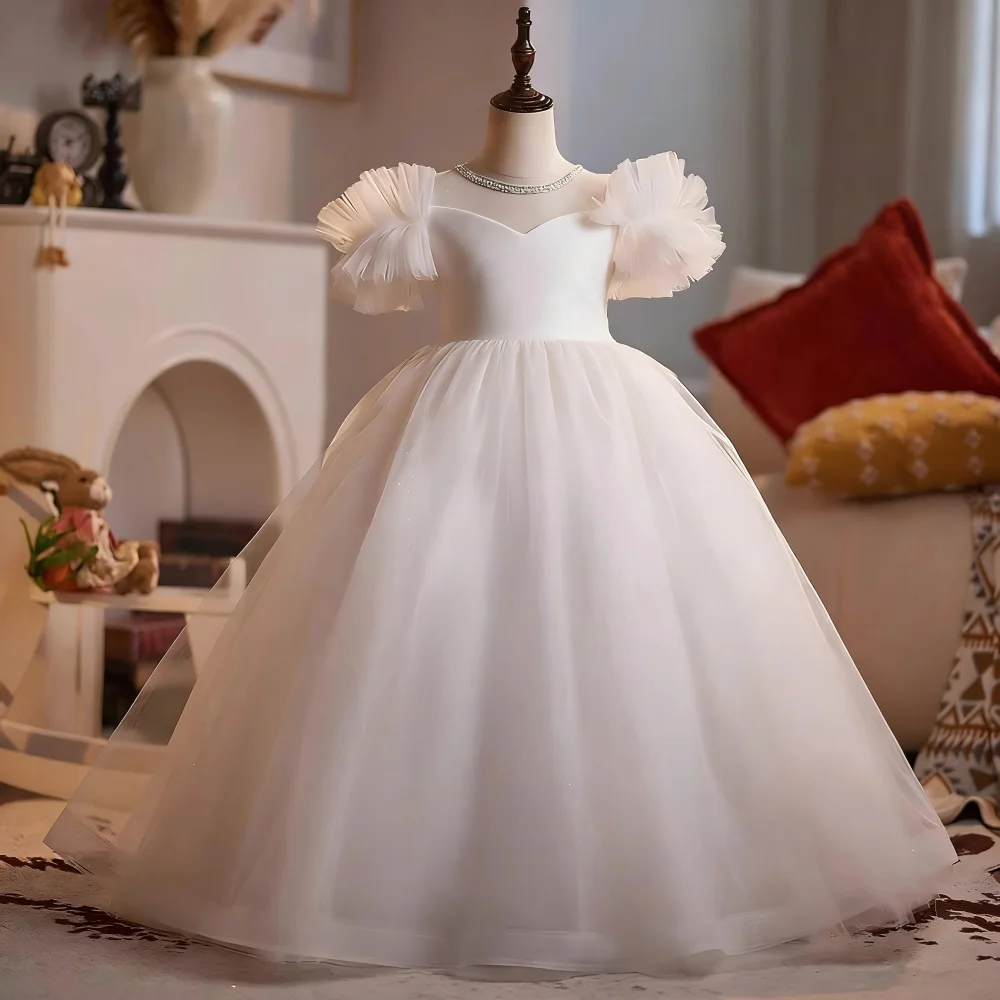 Dress Girls Flower Piano PerformanceWhite Children Host Birthday Wedding  Floral Gown Pageant Formal Attire Kids Party Outfit